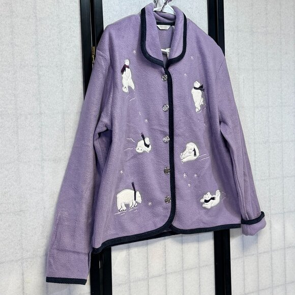 Christopher & Banks Purple Polar Bear Embroidered Button Up L Fleece Jacket NWT - Picture 3 of 11